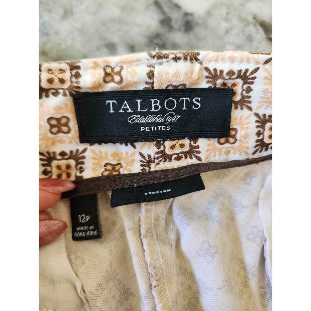 Talbots Petites 12P Geometric Medallion Cropped Pants Tan Brown Stretch Cotton - Picture 7 of 9